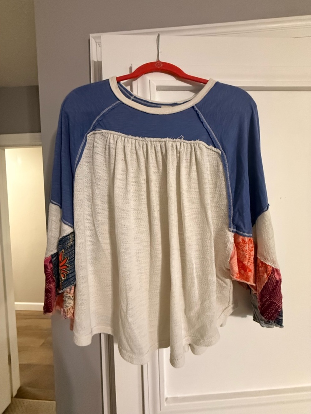 We The Free Blue & Cream Boho Raglan Peasant Sweatshirt